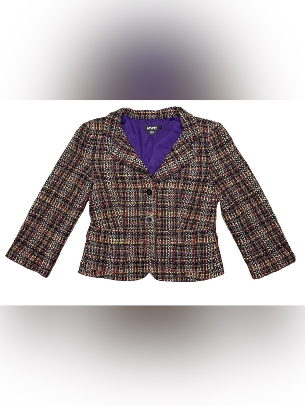 DKNY Womens Plaid Tweed Wool Blend Blazer Purple Black Check Preppy Jacket XS(2)